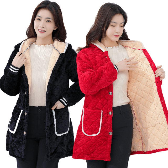 New Style Outerwear with Fleece Lining, Thick Cotton Coat for Women, Long Autumn and Winter Clothing, Chanel-Style Plus-Size Women's Loungewear Jacket
