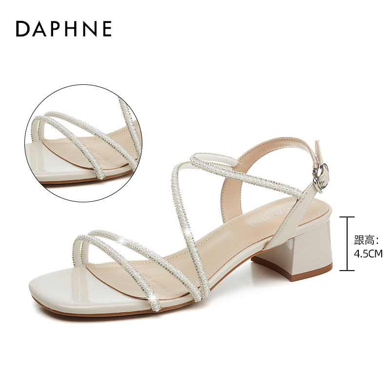 Beige [Pearl] 3232Daphne Rome high-heeled Sandals 2021 new pattern female summer Middle heel Thick heel rhinestone Straight buckle temperament Women's Shoes