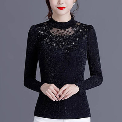 秋冬显瘦网纱打底衫女长袖t恤加绒蕾丝上衣