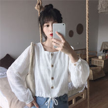 抽绳短款白衬衫女法式方领泡泡袖上衣