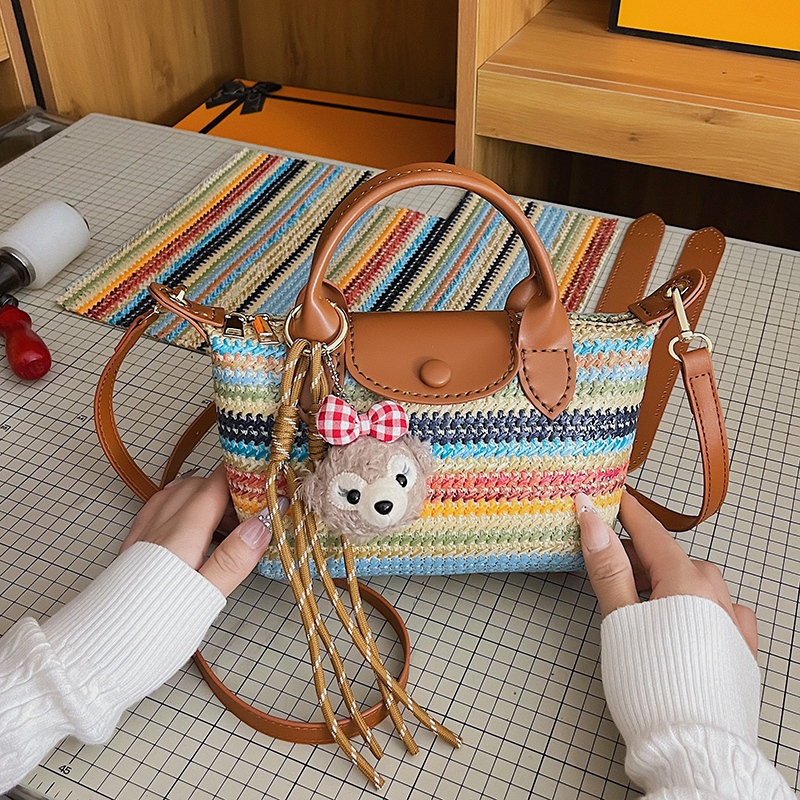 DIY Hand-Woven Straw Bag with a High-End Feel, Versatile Mousse Rainbow Striped Tote Dumpling Bag LAOSHU Material Kit
