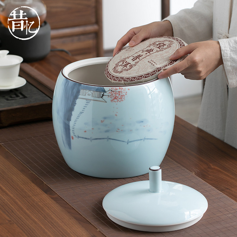 Tea can hand-painted ceramic Pu 'er tea cake can seven cakes plus Chinese storage can household hand-painted sealed tea can