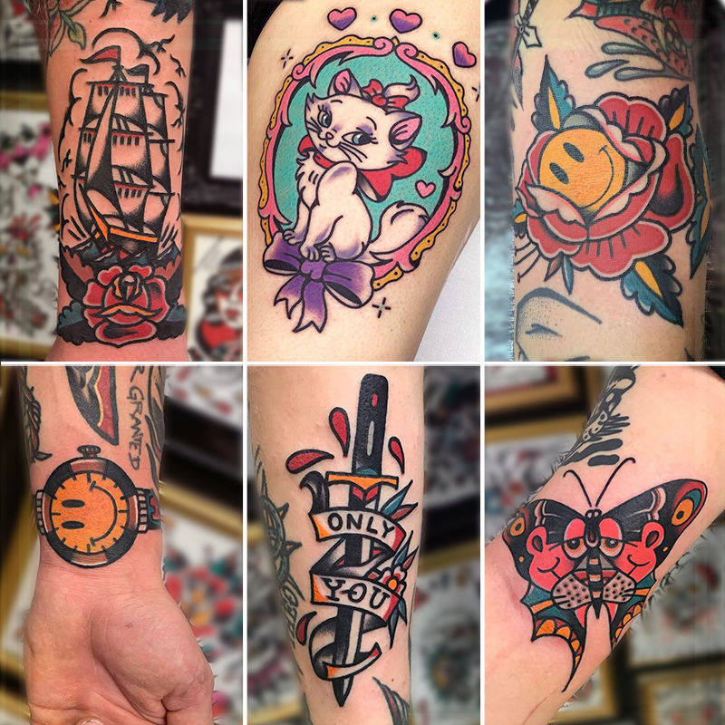 Cool and cute oldschool splicing flower arm tattooed sticker waterproof male and female persistent emulation inwind dark black system-Taobao