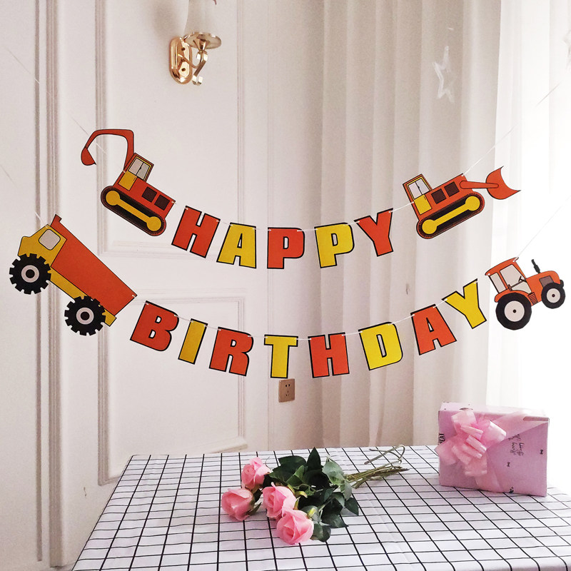 Engineering truck topic child birthday arrangement decoration flag boy birthday party decoration