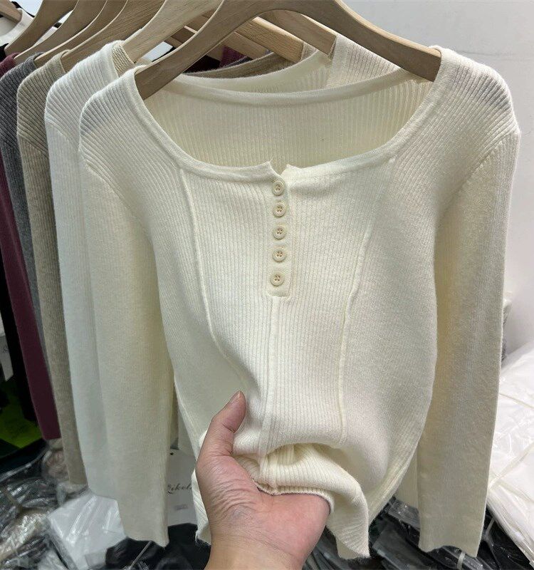 Square collar Long sleeves Knitted Sweatshirt Woman Blouse 2023 Autumn Clothing New Design Sense for a Riding Undershirt Sweater-Taobao