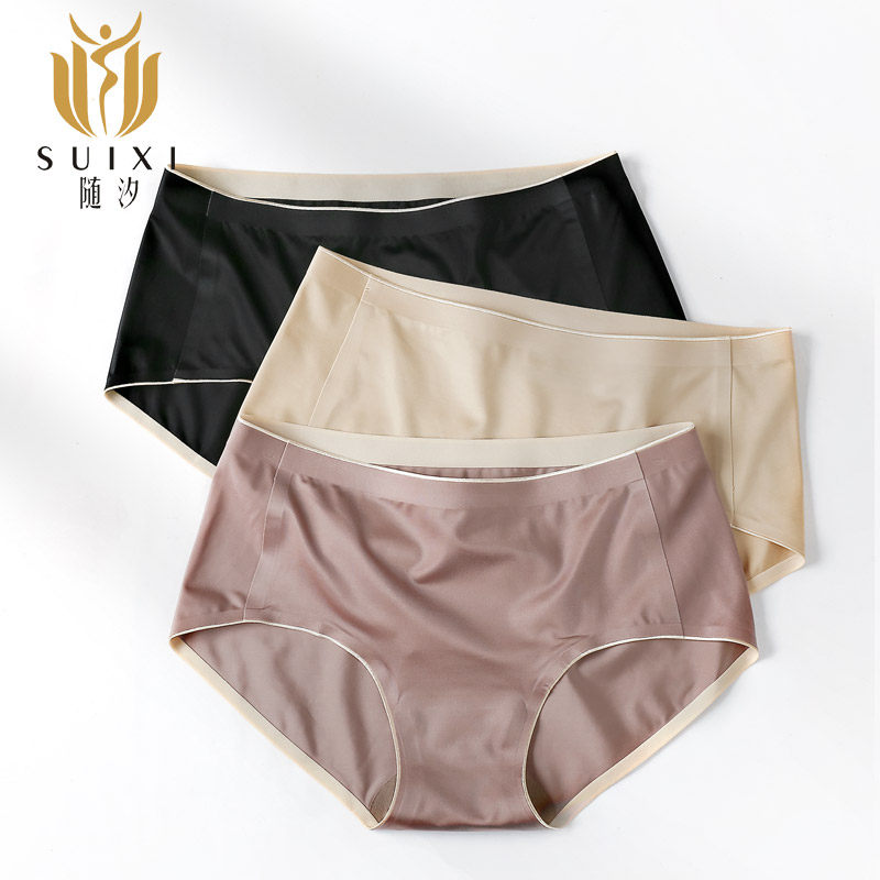 With the chic 3 strips of ice silk untractable underpants female pure cotton crotch Sexy one-piece mid-waist female style Triangle pants thin breathable