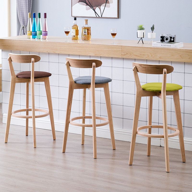 Solid Wood Backrest Bar Table Chair Bar Stool Modern Minima High Footstool Milk Tea Shop Front Desk Home Nordic Bar Chair