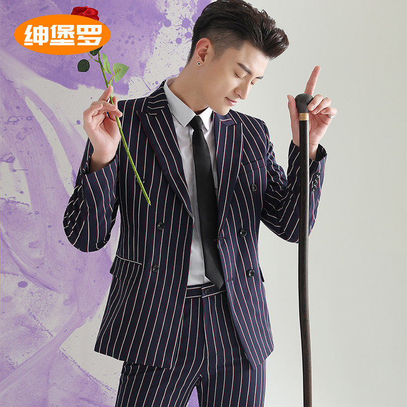 New performance to suit men's suit stripes double-row buttoned photo gallery themed Han version Body Photo Gown Suit Suit Suit