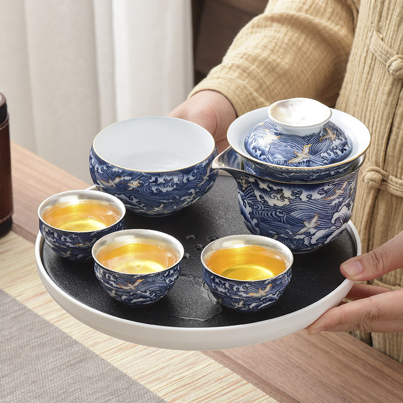 Tea set household Zen gilt silver liner one pot three cups fast customer cup Japanese tea tray tea set set portable travel bag