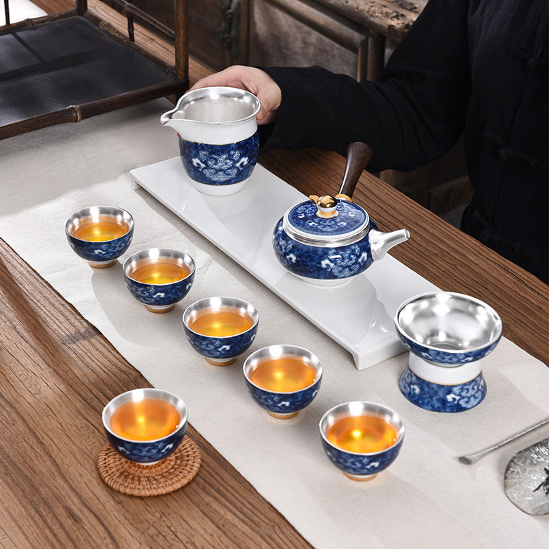 Blue and white porcelain sterling silver tea set set household gilt silver liner Kung Fu tea set set household silver inlaid teapot silver teacup