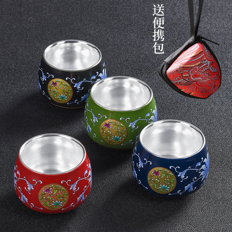 Enamel color gilt silver tea cup ceramic silver cup Jingdezhen sterling silver teacup Kung Fu teacup master cup drinking teacup