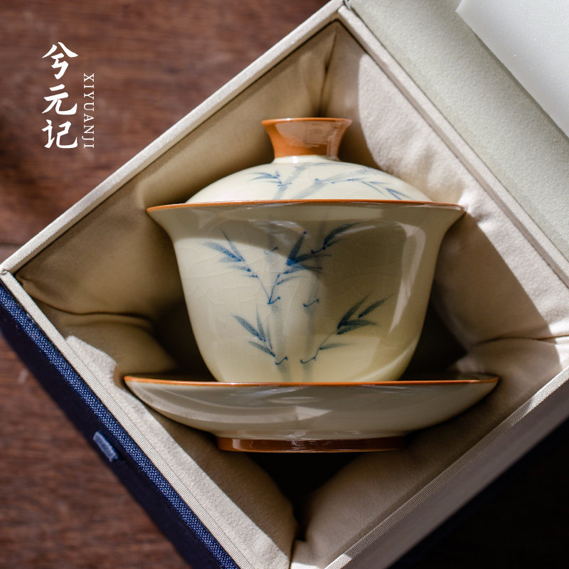 Hand painted bean yellow Ru kiln Three talents cover bowl big number with cover single upscale home ceramic tea cup util tea bowl with tea bowl-Taobao