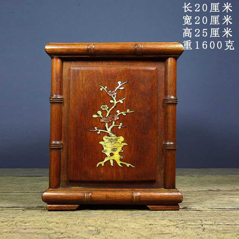 早期收集 花梨木製 螺鈿象嵌 梅蘭竹菊 筆筒 筆立 文房具 書道品