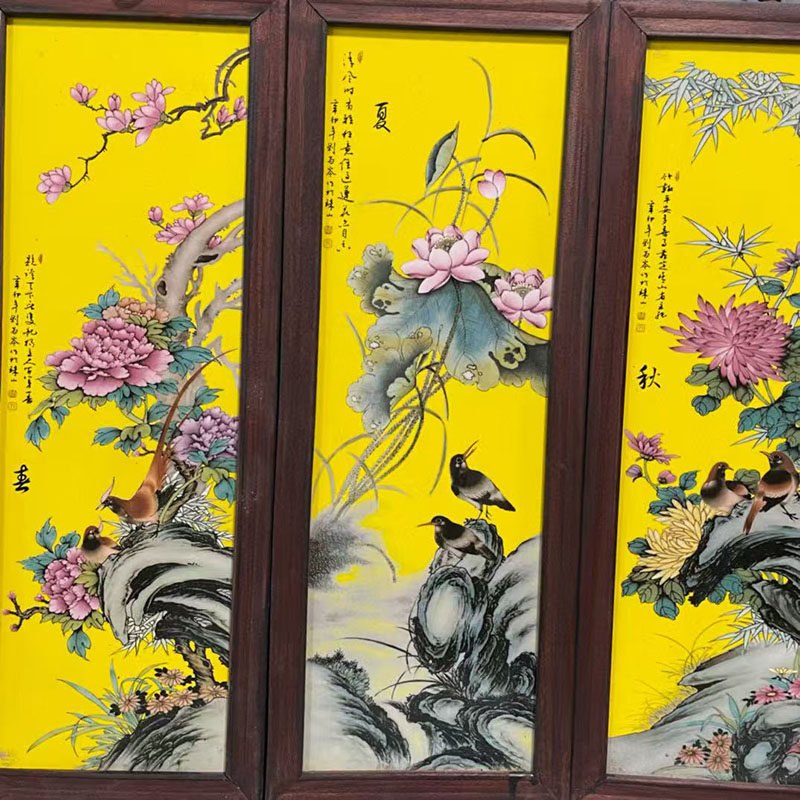 росписи фарфора 古董文玩红木镶瓷板画帝黄釉粉彩花鸟春夏秋冬四条屏中堂挂画