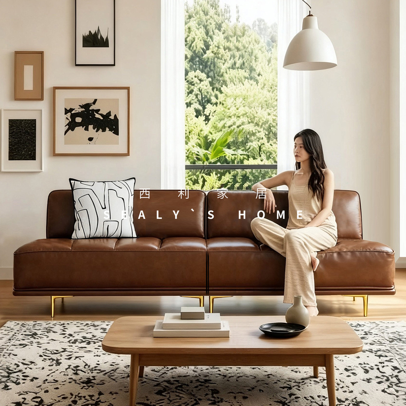 Simple Style Leather Sofa, Three-Seater Brown Leather Art Sofa, Living Room Furniture, High-End and Light Luxury