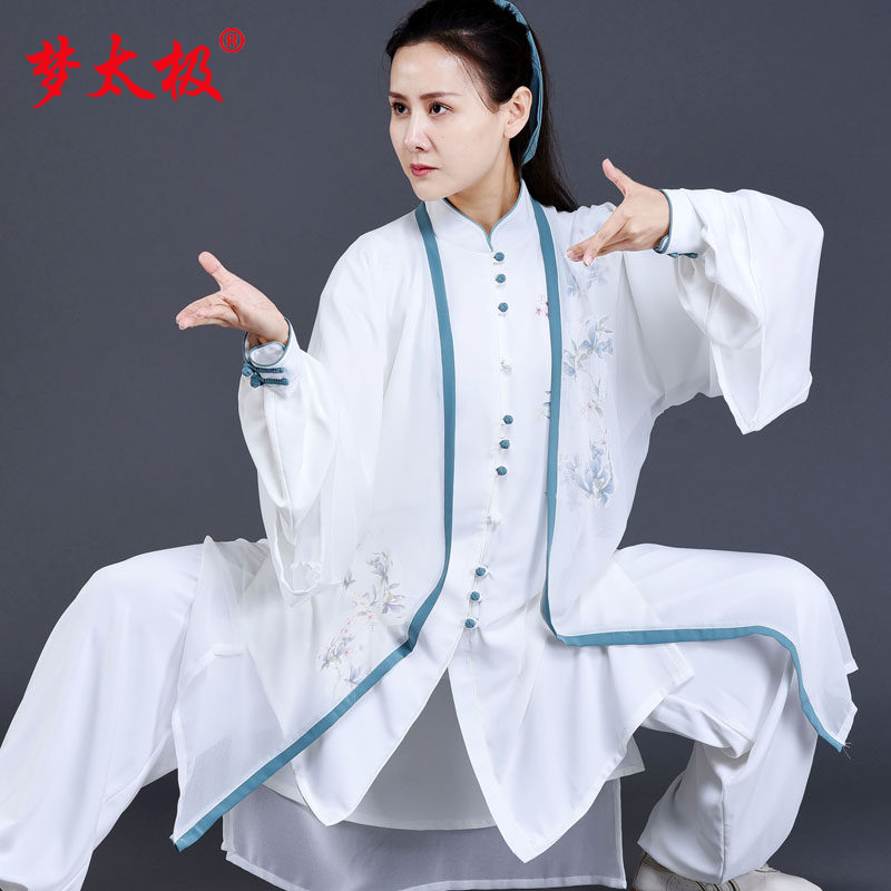 Dream Tai Chi Tai Chi clothing women's new printed white pearl silk spring and autumn mid-length version of Tai Chi training clothing