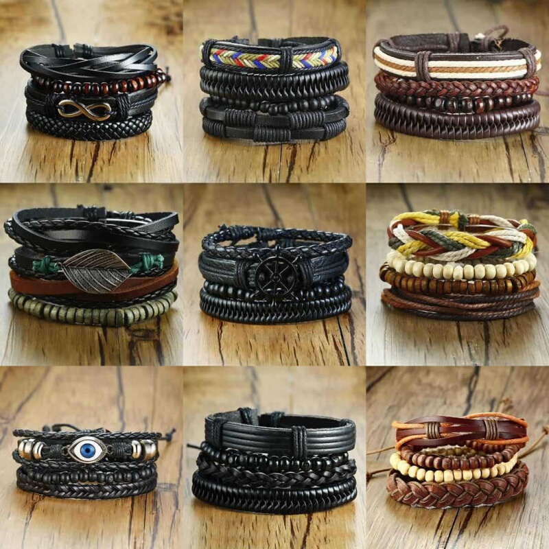 European and American Popular Bracelets, Retro Braided Leather Rope Set Bracelets, Cowhide Leather Bracelets, European and American Men's Leather Bracelets