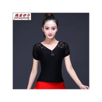 Latin dance clothing for women adult dance tops summer black new short-sleeved diamond-encrusted national standard modern dance practice clothes