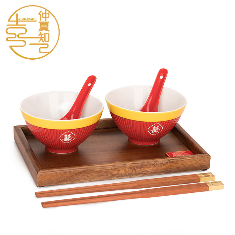 Emperor yellow wedding bowl and chopsticks set ceramic dowry pair bowl hi bowl pair tableware gift box custom wedding gift newcomer