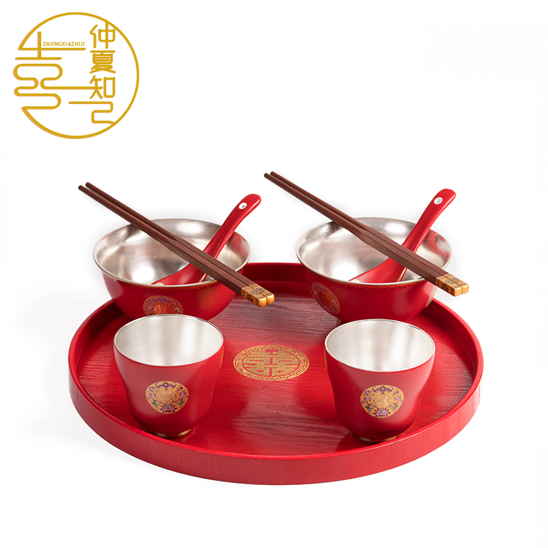 Brit Silver Enamel Wedding Bowl Chopsticks Suit Ceramic Happy Bowl Festive Cup Gift Box Set Wedding Upscale Wedding items Great All