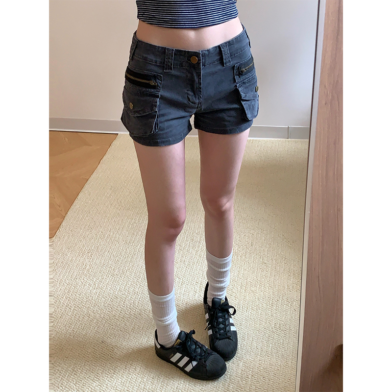 Heavy-Duty Hot Girl~ Figure-Flattering Workwear Pocket Low-Rise Washed Versatile Slimming Denim Shorts for Women, New Summer Style