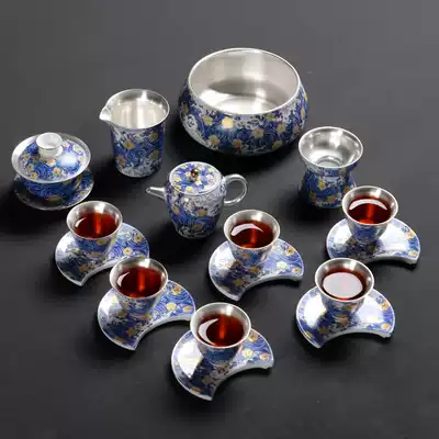 Silver tea set 999 sterling silver set pure handmade gilt kung fu tea set home enamel color cap bowl teapot tea maker