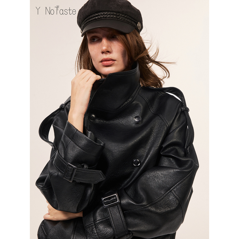 【Same Style as Klee Ge】 "London Lover" Textured Multi-Form Double-Breasted Short Leather Jacket, Faux Sheepskin