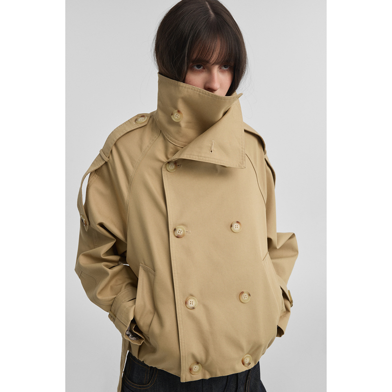 London Lover Stand-Up Collar Multi-Shaped Double-Breasted Epaulette Short Trench Coat Jacket Khaki