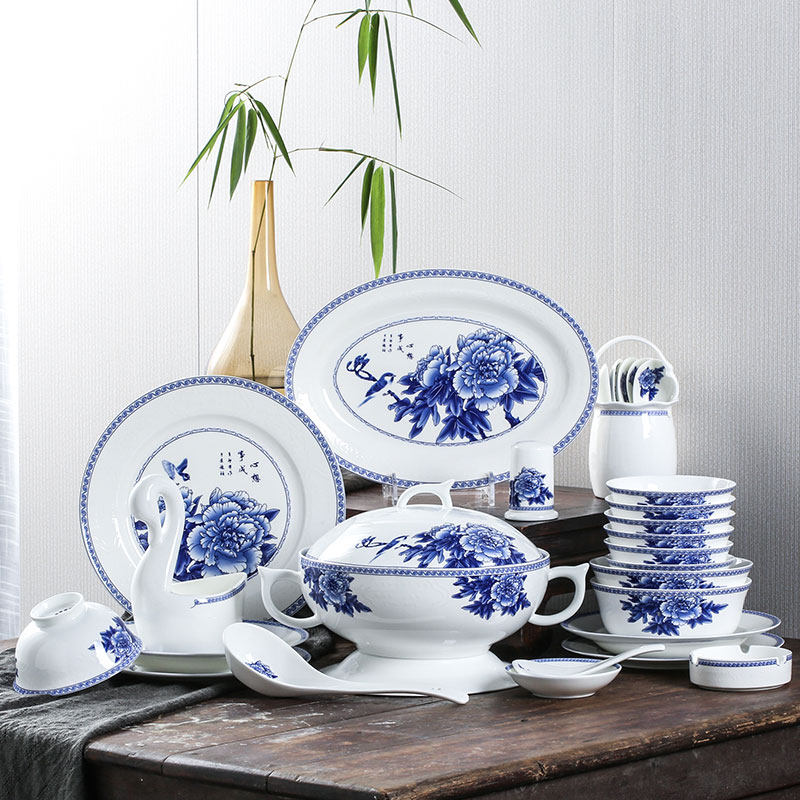 Zero paint Nine Bowl Dish Suit Chinese Style Home Jingdezhen glazed Colored Bone China Cutlery Porcelain Cutlery Porcelain Bowl Tray Chopsticks Spoon