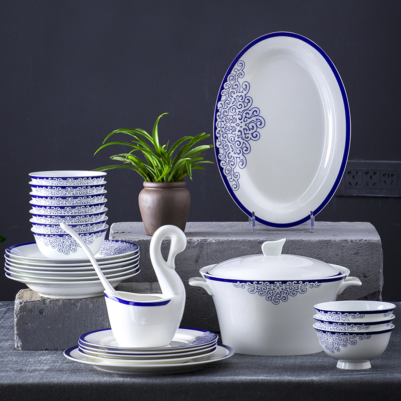 Bowl Suit Chinese Style Home Jingdezhen glazed Colored Bone China Porcelain Cutlery Green Flower Porcelain Bowl disc Gift Porcelain Love Sea