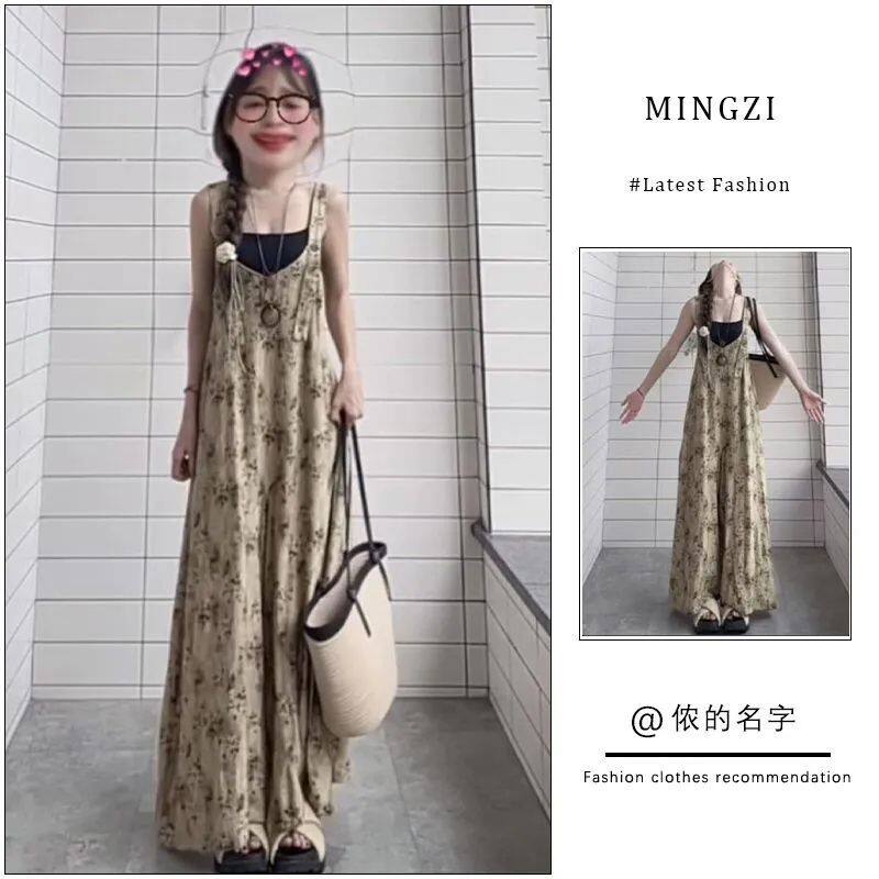 レディース 夏用 リラックススタイル Vネック オーバーオール ゆったりワイドレッグ ジャンプスーツ タンクトップインナー付き ツーピースセット