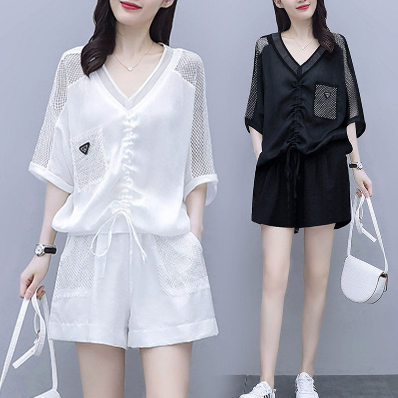 Plus size women's clothing fat mm summer clothes thin meat cover fashion shorts set cover belly foreign style age-reducing two-piece pants