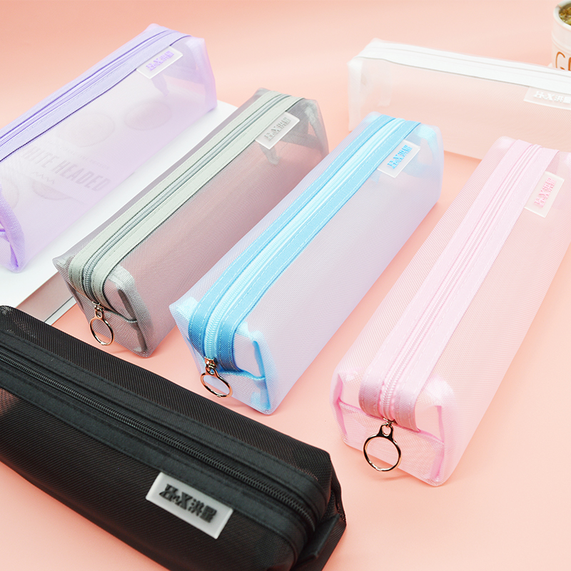 Simple wind portable nylon mesh transparent pencil bag pencil bag small fresh in short super large capacity transparent pencil bag exam students stationery pencil bag male and female mesh yarn
