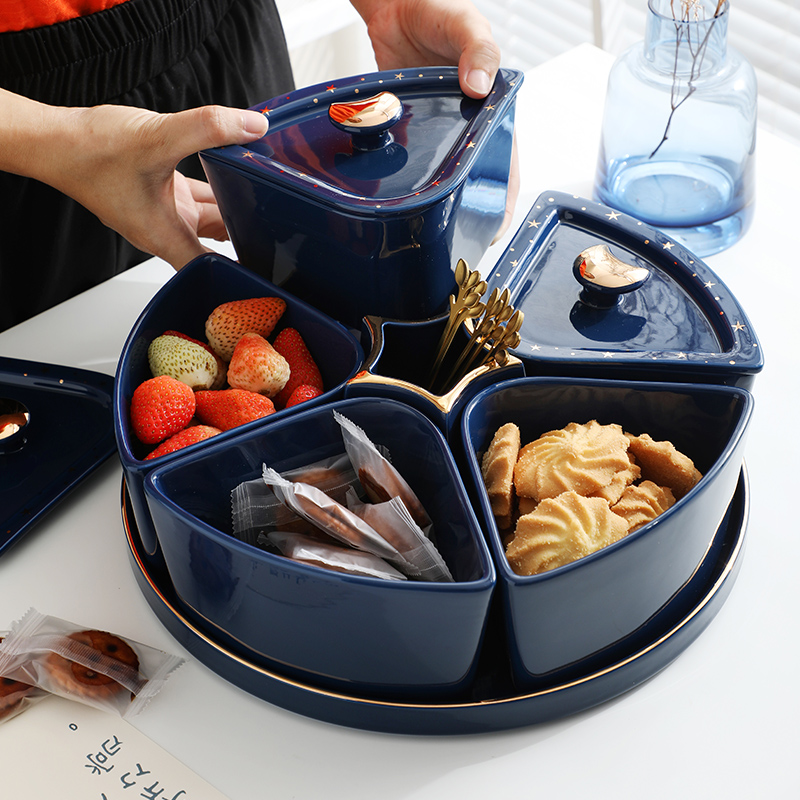 Creative dried fruit plate living room household tea table grid snack candy box with lid modern light luxury storage box fruit plate