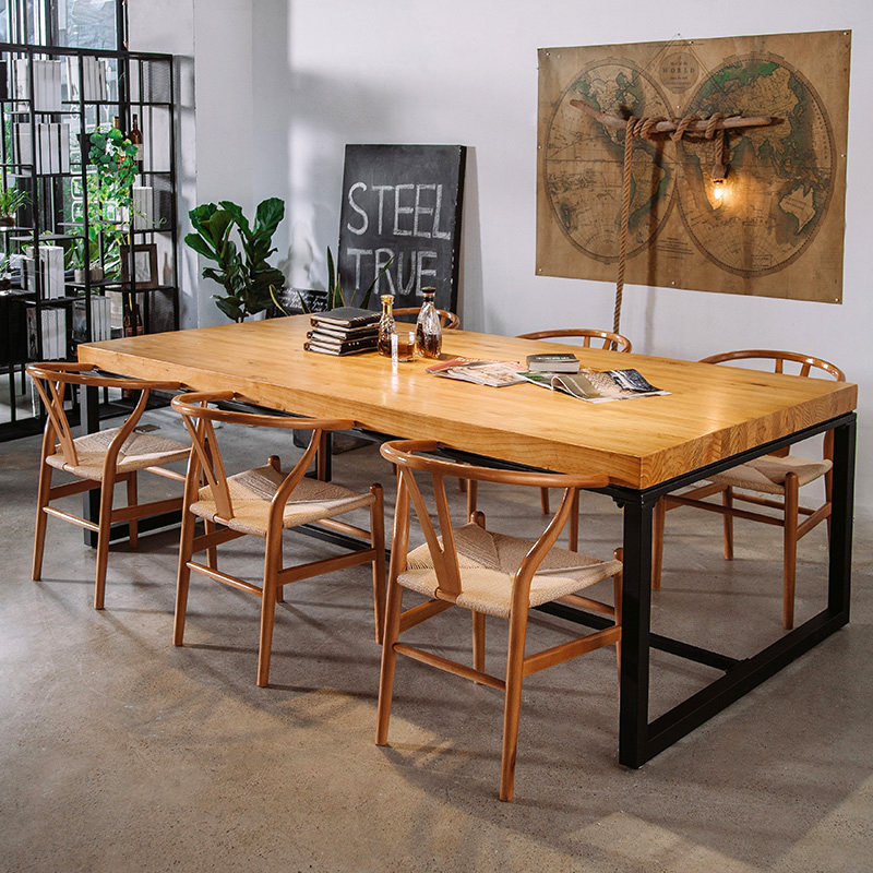 Retro Catering Shop Iron Art Dining Table And Chairs Combined Rectangular Solid Wood Large Dining Table Industrial Wind Desk Negotiating Table 