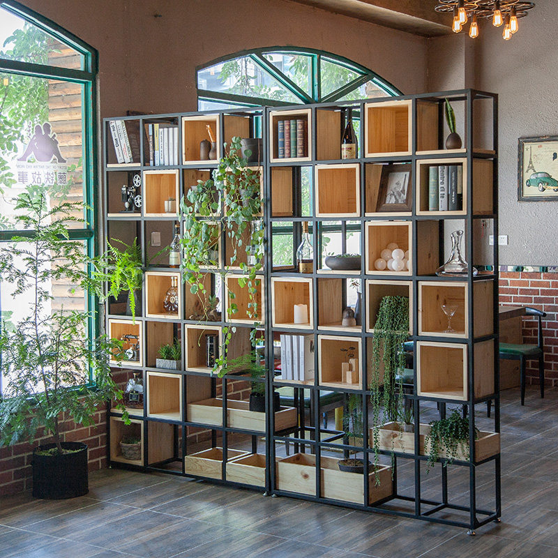 Industrial Wind Office Iron Art Partition Shelve Shelf Floor Multilayer Dining Room Decoration Rack Living Room Screen Solid Wood Bookshelf