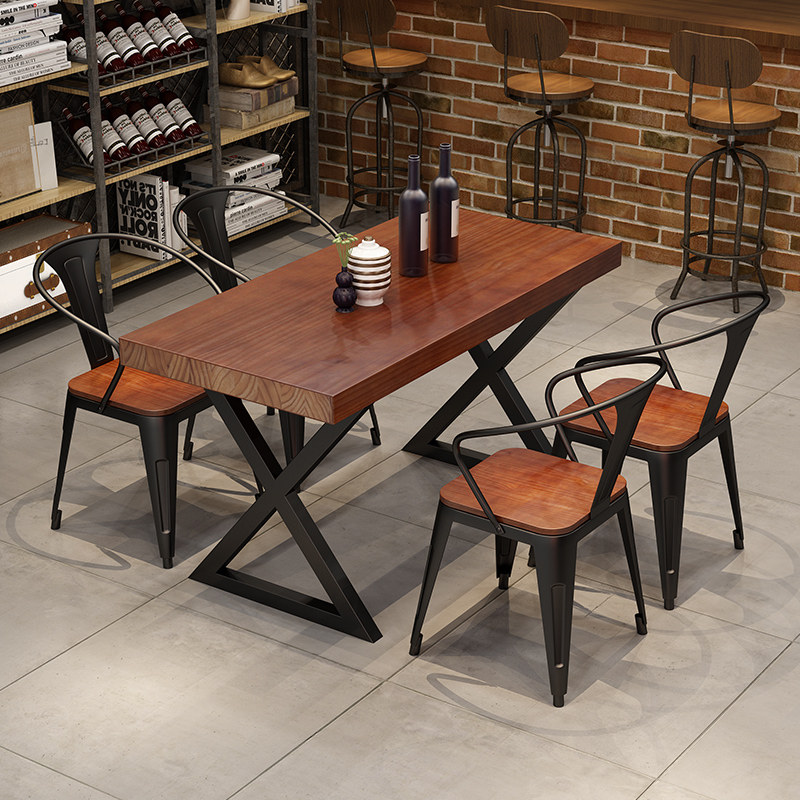 Retro Clear Bar Barbecue Barbecue Shop Solid Wood Table Industrial Wind Dining Hall Rectangular Iron Art Coffee Concert Hall Table And Chairs Combination