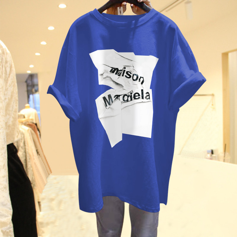 Europe Station 2021 Summer New Color Blue Short Sleeves Pure Cotton T-shirt Woman Loose big version of the European Goods Blouse