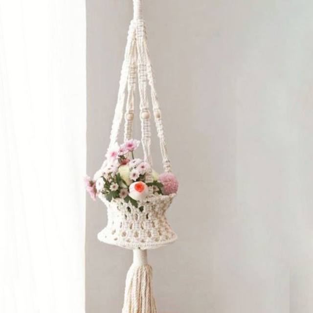 Ins Nordic cotton rope woven flower basket pot plant green plant fruit hanging basket home gardening decoration net pocket aerial hanging decoration