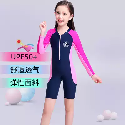 Children's swimsuit Girls 'and girls' summer one-piece long sleeve sunscreen Middle school children's student training hot spring quick-drying swimsuit set