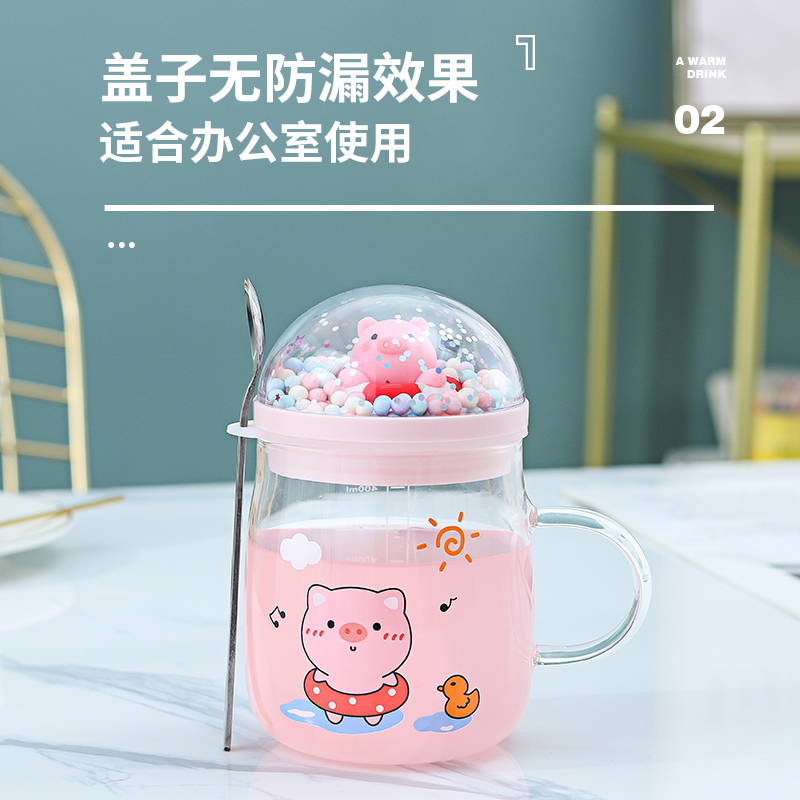 ins wind cute cartoon mug transparent cup with lid spoon handle heat-resistant glass household water cup tea cup