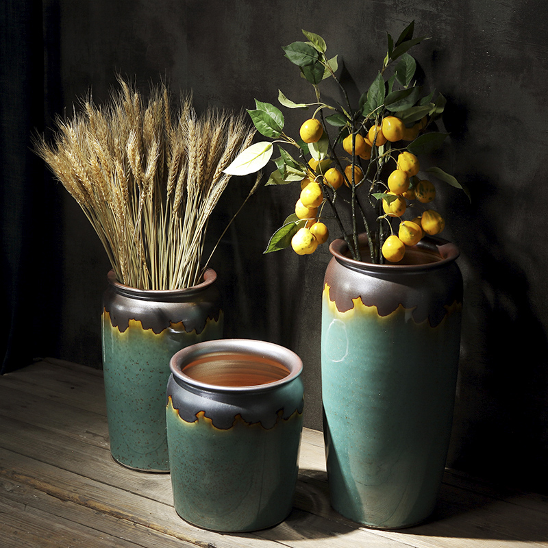 Large green vase sitting room place ceramic art creative flower arranging, American household desktop ornaments restoring ancient ways