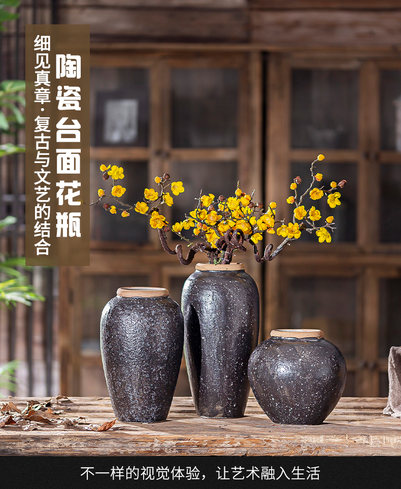 Black ceramic vase flower arranging flowers water raise the table sitting room adornment creative clay coarse pottery China restoring ancient ways