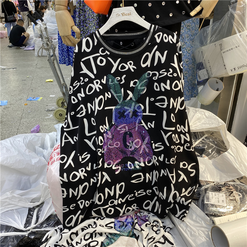Black RabbitEuropean station Short sleeve 2021 new pattern Big edition easy heavy industry Hot drilling Sense of design T-shirt female summer European goods tide Body