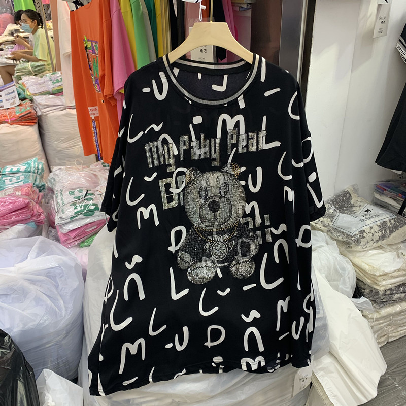 Black BearEuropean station Short sleeve 2021 new pattern Big edition easy heavy industry Hot drilling Sense of design T-shirt female summer European goods tide Body