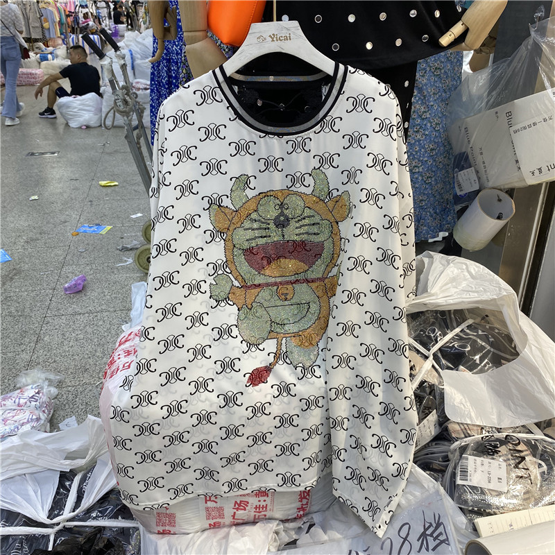 White Jingle CatEuropean station Short sleeve 2021 new pattern Big edition easy heavy industry Hot drilling Sense of design T-shirt female summer European goods tide Body