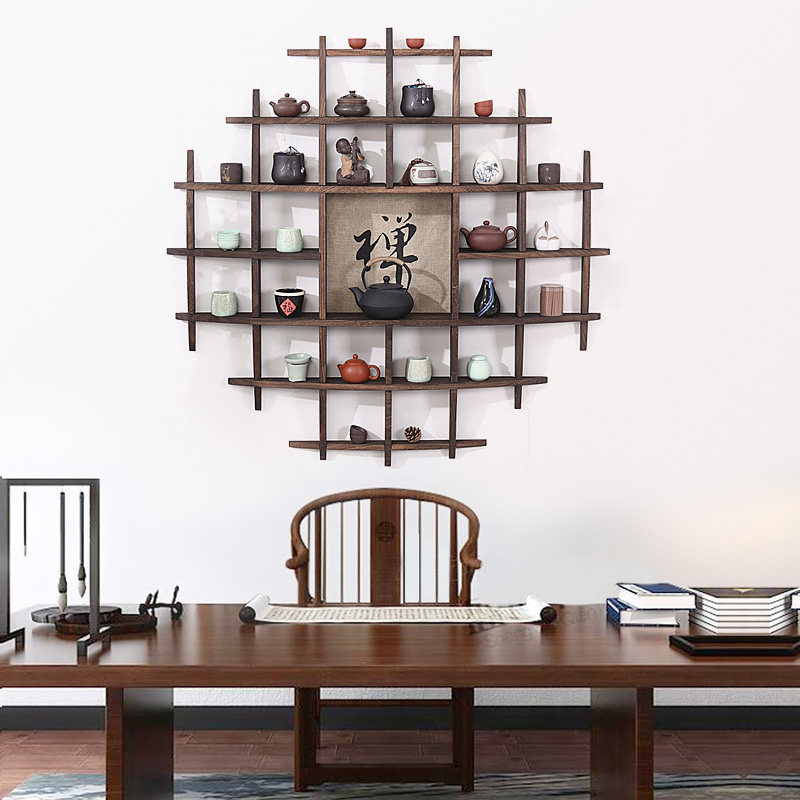 Solid Wood Tea Cup Shelf Wall-mounted Wall Bogu Rack Tea Furniture Exhibition Rack Multi-Treasure Cabinet Teapot Shelve Room Chinese Small Hem