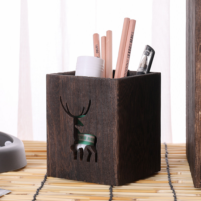 Solid wood pen holder Office supplies storage box Creative fashion student stationery storage tube Study brush pen holder