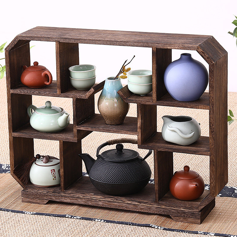 Retro solid wood multi-layer small finishing rack teapot tea set shelf display rack antique rack desktop storage layer rack