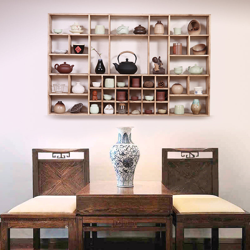 Solid wood tea cup containing layer shelve tea set Chinese wall-mounted wall Bogu shelf Multi-treasure cabinet swing piece shelve shelf tea shelf